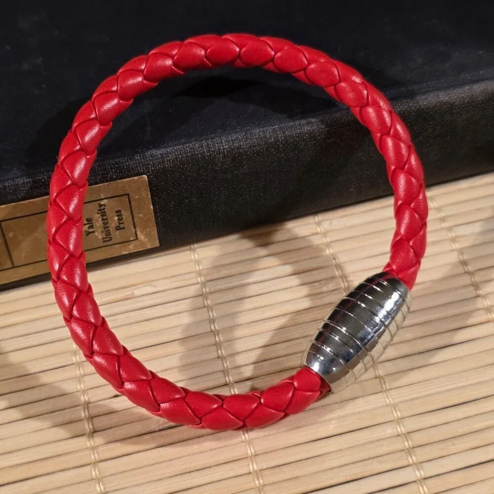 Braided Thick Red Vegan Leather Magnetic Clasp Bangle Bracelet